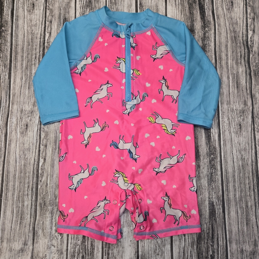 Wonder nation blue and pink unicorn long sleeve rash guard swimsuit